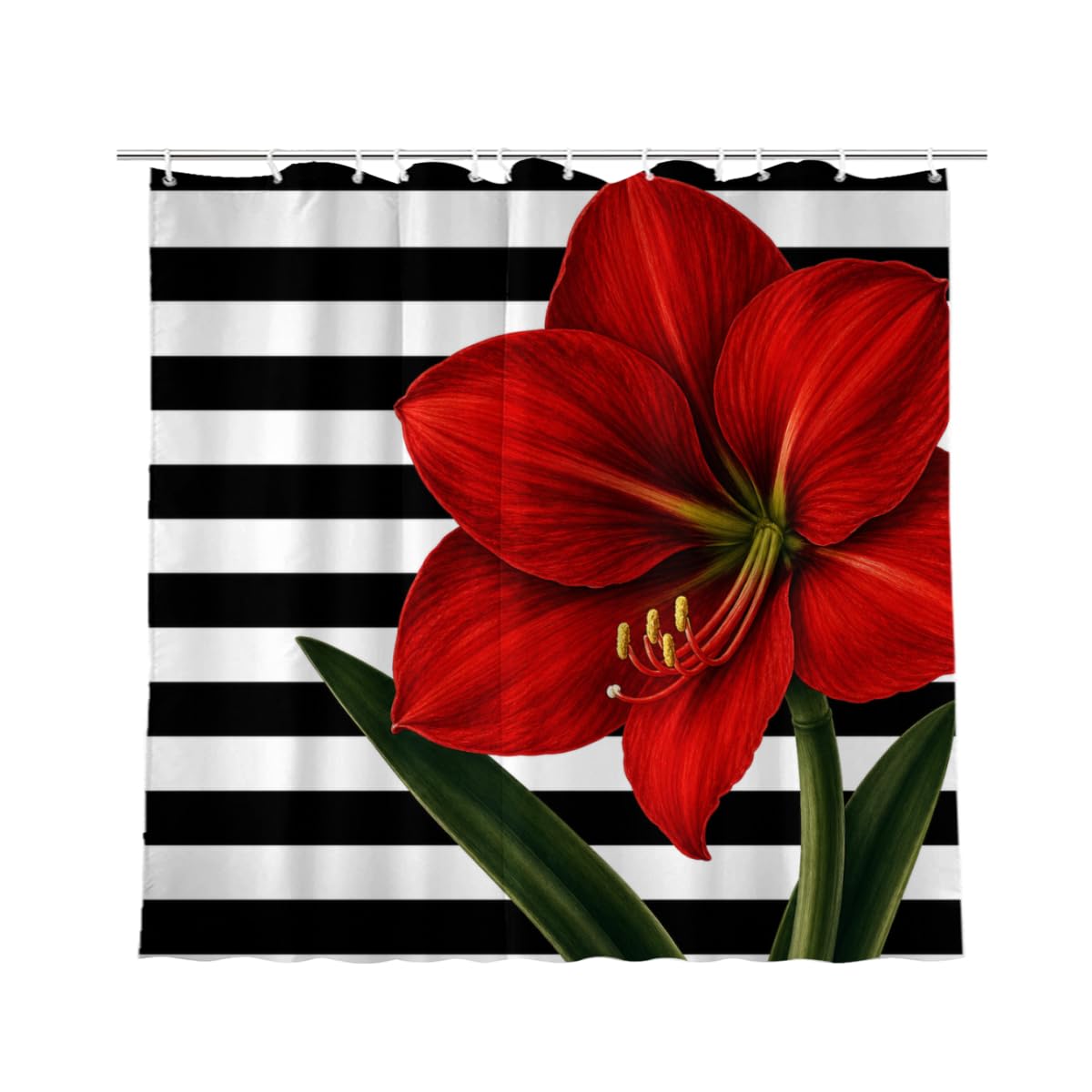 TopPacific Red Amaryllis Stripe Shower Curtain 72x72 Inch Shower Curtain with 12 Hooks Polyester Red Amaryllis Flower Green Leaves Black White Stripes Bathroom Decor