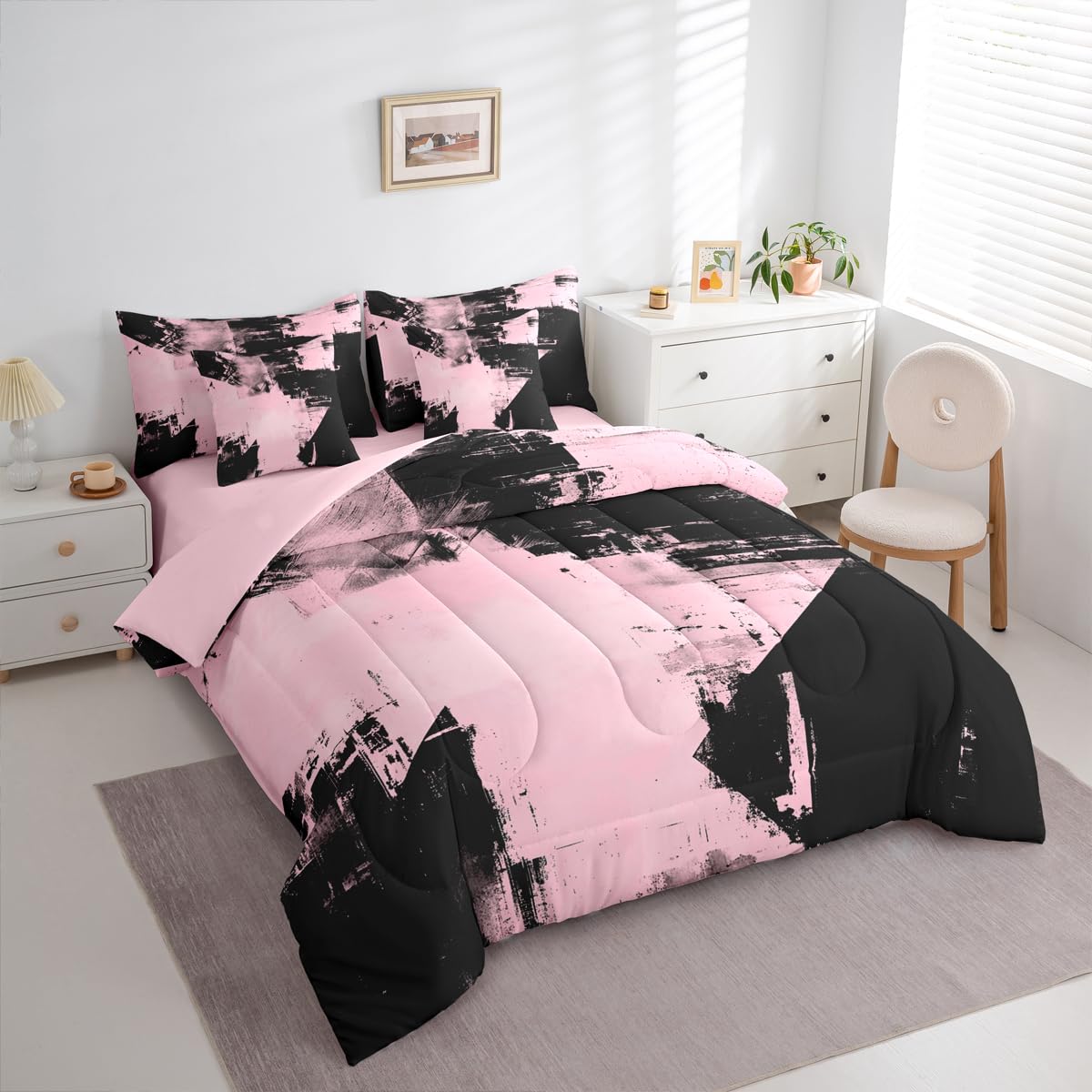 Feelyou Abstract Comforter Set King Size 7 Pieces Modern Abstract Art Bedding Set Luxury Bed in a Bag with Comforter, Sheets, Pillowcases, Cushion Covers Geometric Bedroom Decor Pink and Black