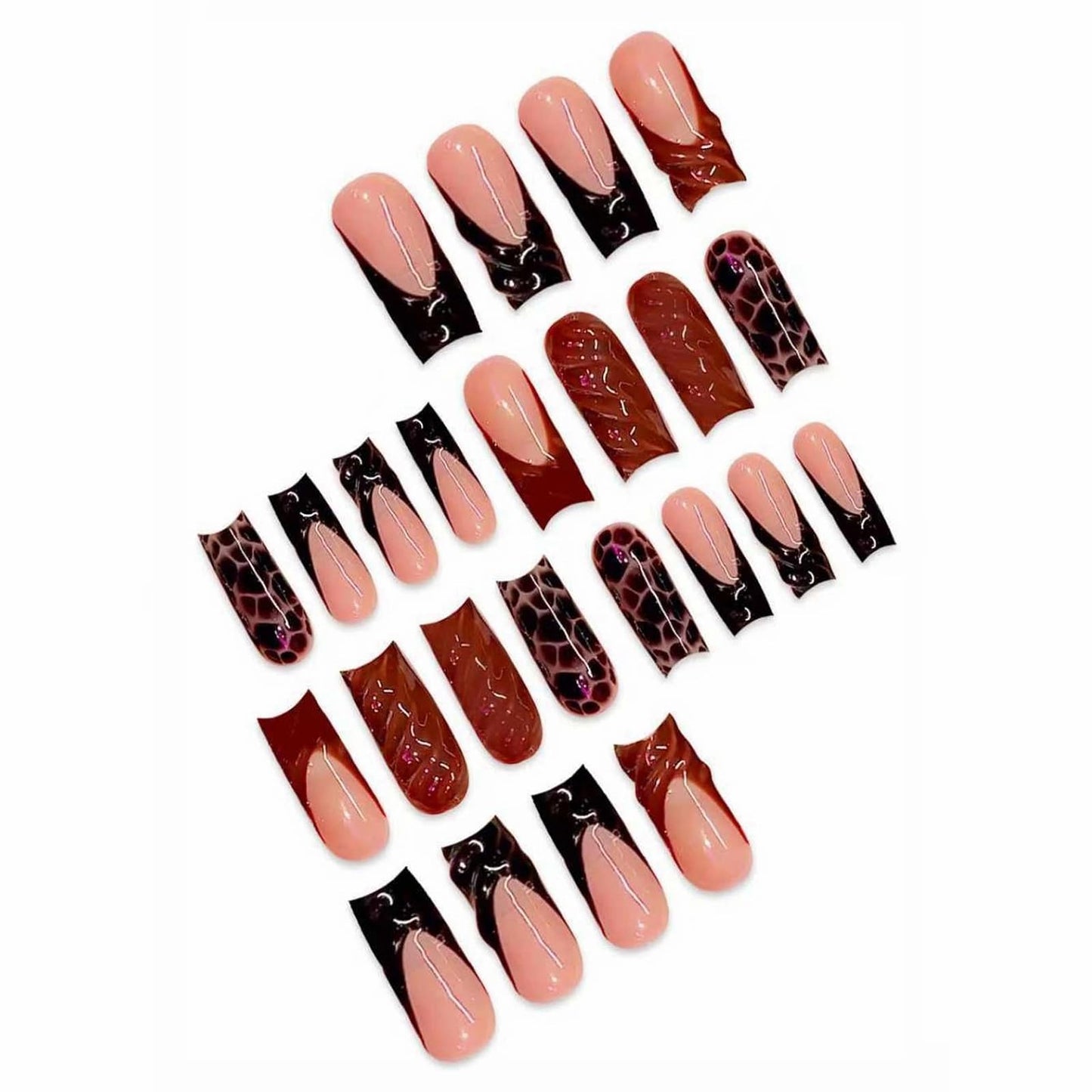 MISUD Press on Nails - Long Square Fake Nails with Red Black French Tip, Acrylic Tortoise Design 24 pcs