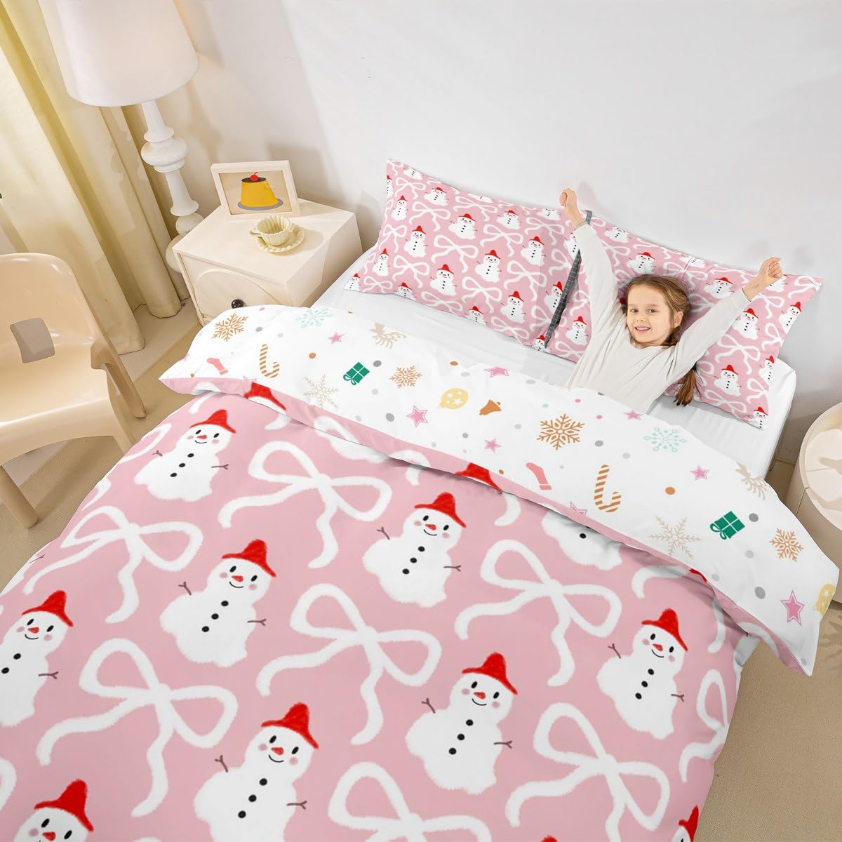 Xmas Snowman Bedding Sets Twin Size,Cartoon Bow Print Duvet Cover Set 2Pcs for Kids Girls Boys Adult Room Decor,Santa's Hat Snowman Comforter Cover Pink Christmas Quilt Cover,1 Pillowcase