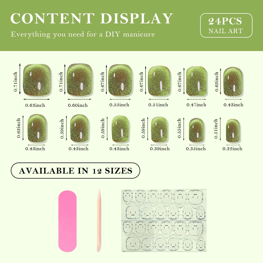 evpct Light Green Cat Eye Extra Short Press on Nails Square No Glue, Petite Short Square Stick on Nails for Women, Light Green Metallic Glitter Glossy Reusable Press on Acrylic Fake Nail with Designs
