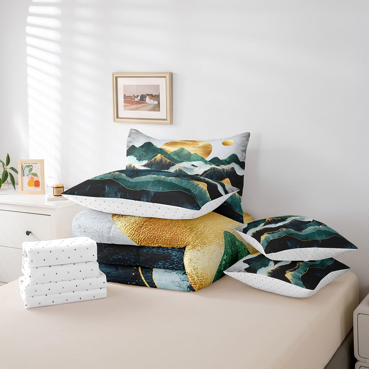 Erosebridal Smoky Mountain Comforter Set 7 Piece Bed in a Bag Twin,Gold Sun Bedding Sets Landscape Natural Scenery Art Sheet Set with Comforter,Mid Century Abstract Minimalism Bed Set