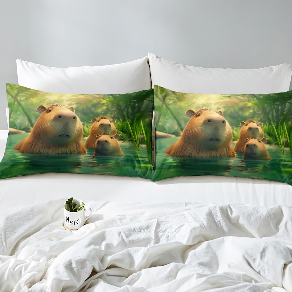 3D Capybara Kids Fitted Sheet Full Size,Lake House Fishing Bedding Set,Boys Girls Room Decor,Kawaii Animal Cartoon Wildlife Rustic Bed Cover,Green Brown Bed Sheet,2 Pillowcases