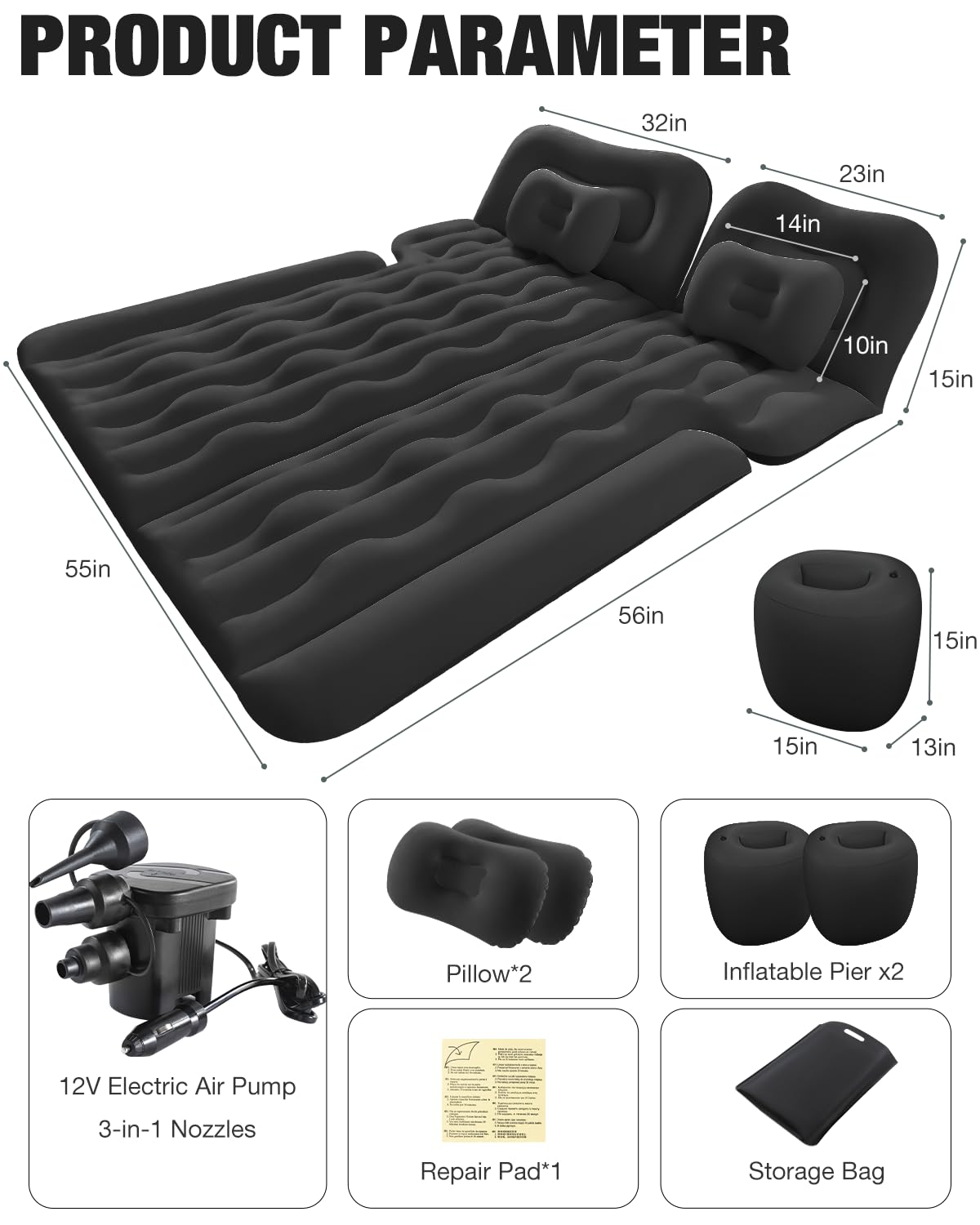 BEBAS Back Seat Car Air Mattress: Inflatable SUV Car Camping Bed for Truck, Van & Trunk, 600 lbs Thickened Double-Sided Flocking Travel Car Sleeping Pad with Air Pump & 2 Pillows