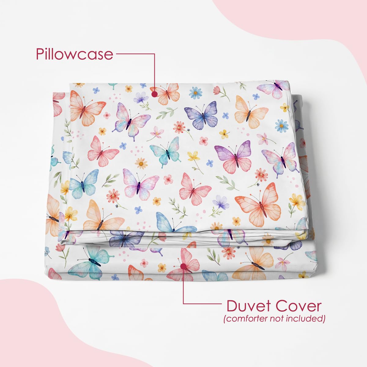 SANDJEST Butterfly Duvet Cover Sets Full Size for Kids Girls, Incude 1 Polyester Comforter Cover 80x90 Inches and 2 Pillowcases 20x26 Inches, Comforter Not Included, Gift for Christmas Birthday