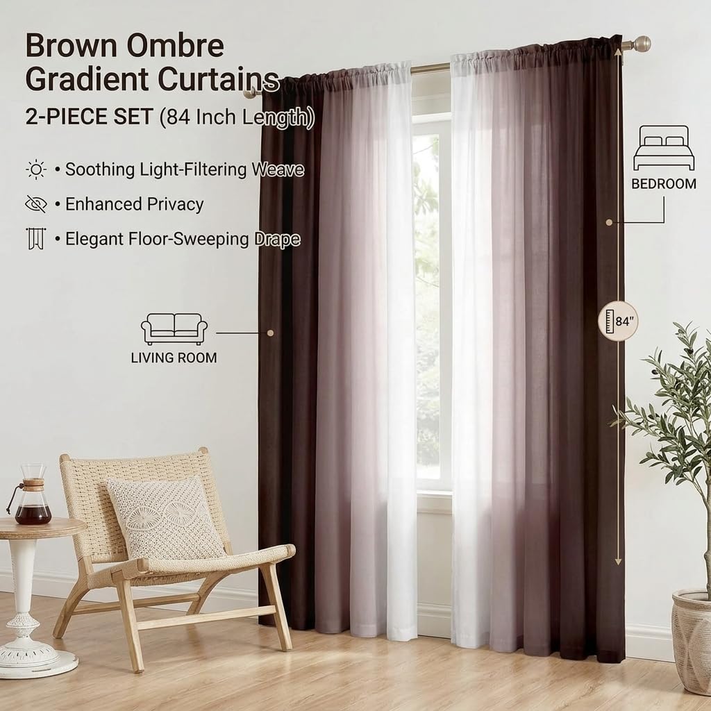 XFLINGBAO Brown Curtains for Living Room 84 Inch Length Brown White Ombre Curtains 2 Panel Bedroom Farmhouse Chocolate Ombre Light Filtering Window Curtain Modern Gradient Drapes