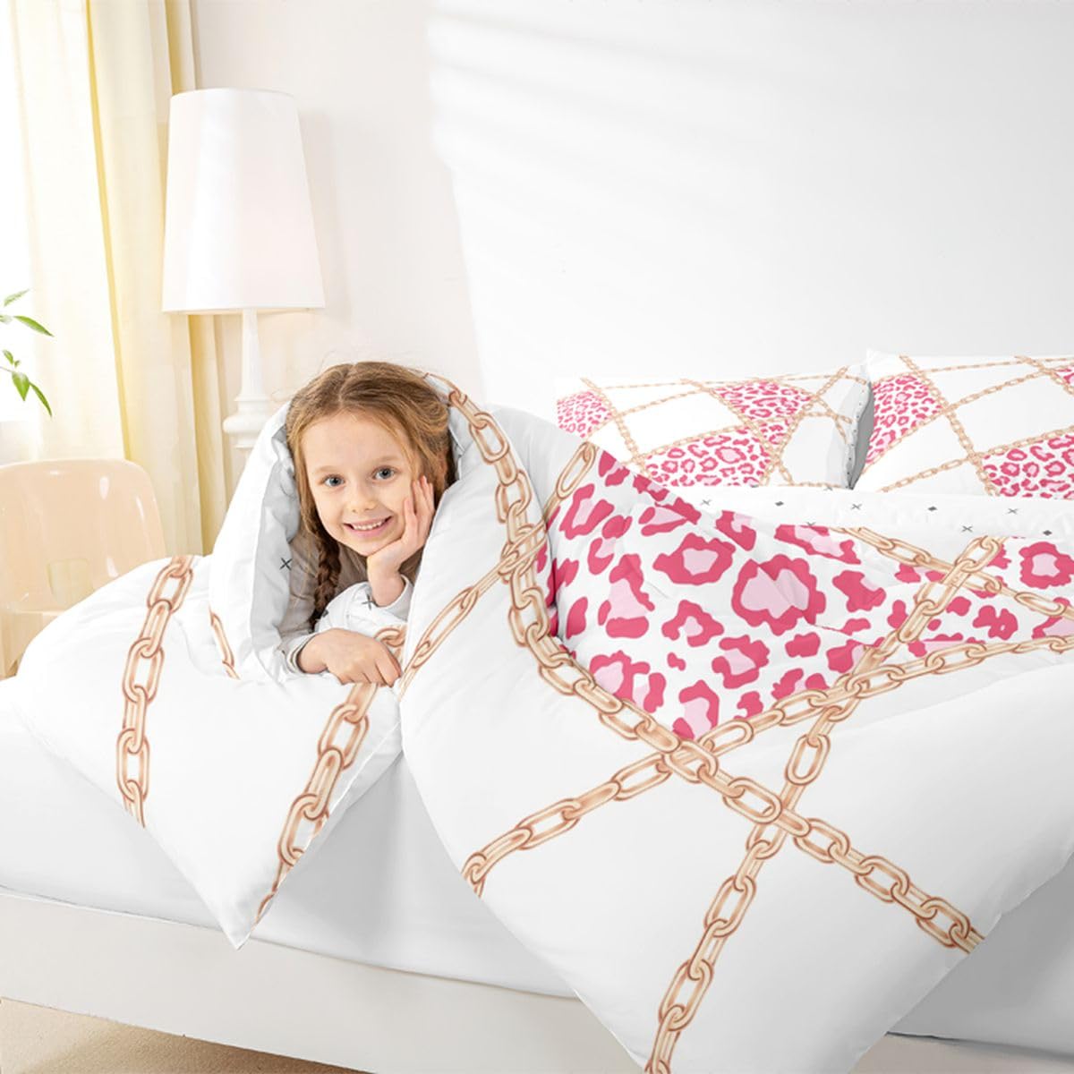 jejeloiu Leopard Comforter Set Queen Size Iron Chain Print Bedding Set for Kids Boys Girls Cheetah Cow Fur Duvet Quilt Animal Print Bedroom Decor Microfiber 3 Pcs with 2 Pillow Cases