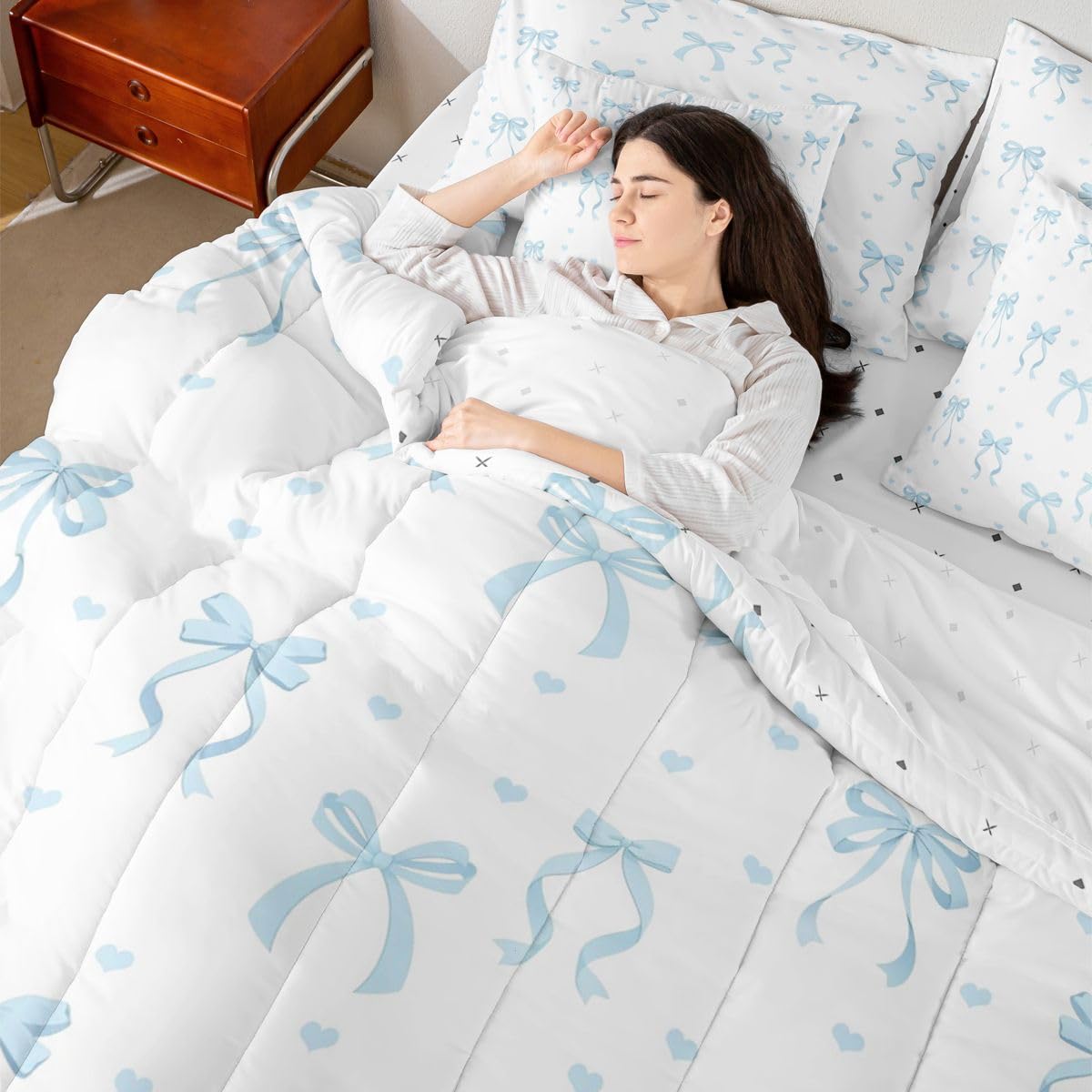 Erosebridal Princess Bowknot 7 Piece Bedding Set Full Ribbon Bow Comforter Set with Sheets Bow Tie Bed in A Bag Princess Bed Sets with 2 Pillowcases, 2 Throw Pillow Covers