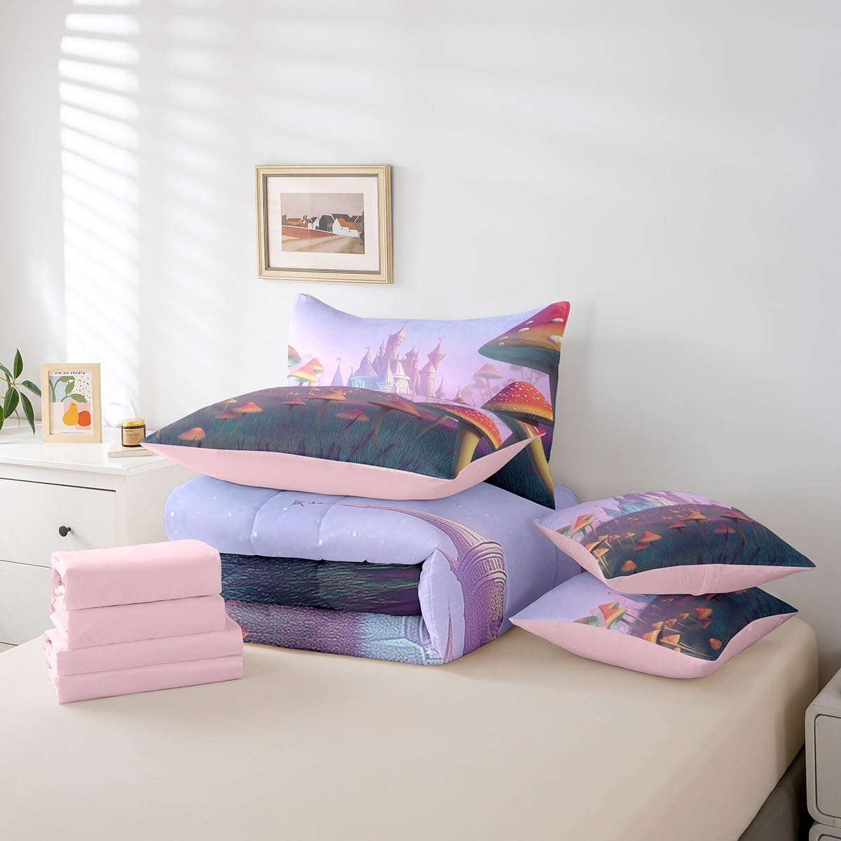 Erosebridal Mushroom Comforter Set 7 Piece Bed in a Bag Twin,Magical Castle Bedding Sets Jungle Botanical Sheet Set with Comforter,Nature Plant Bed Set