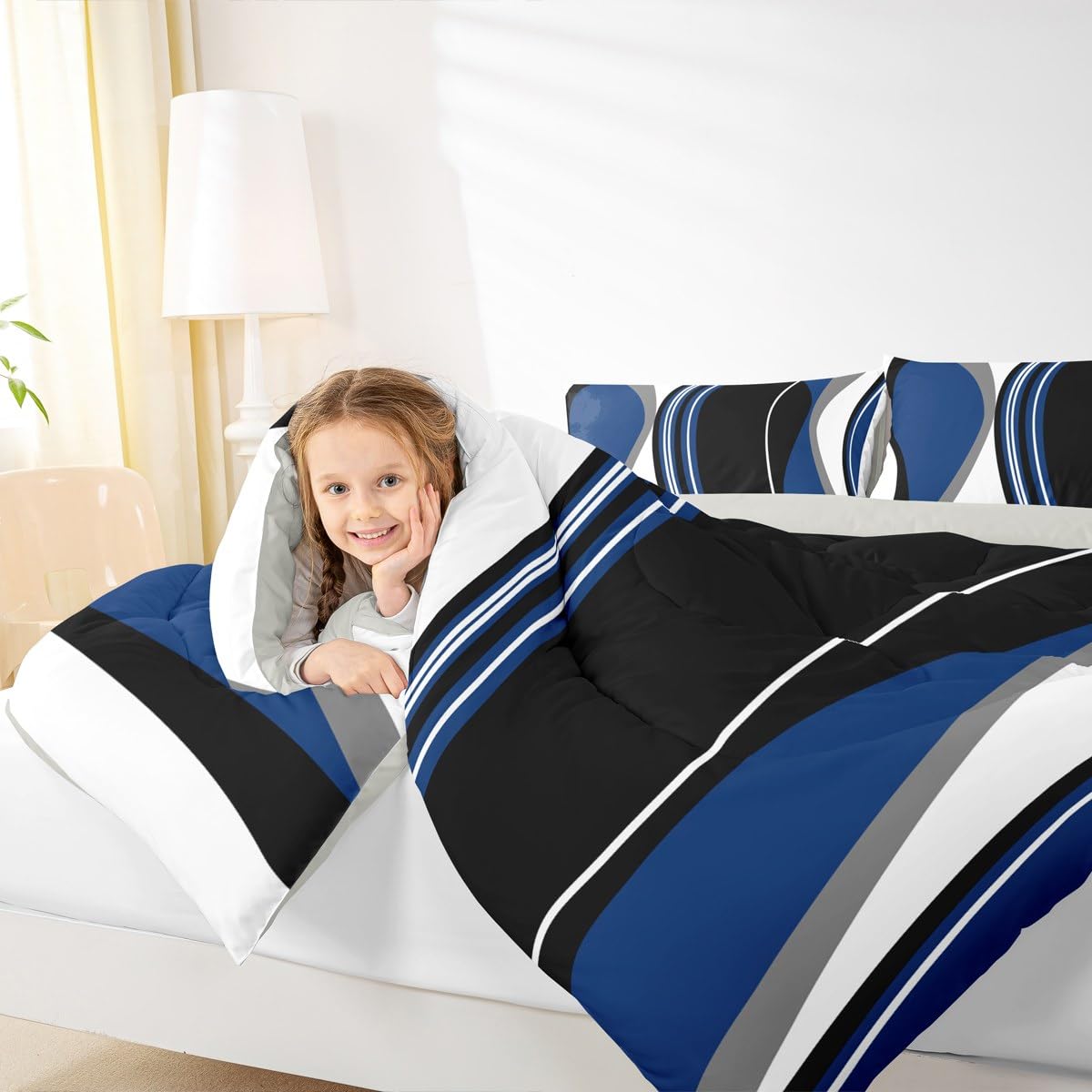 Erosebridal Blue Black Abstract Queen Comforter Set for Adult Women Men Grey Modern Striped Bedding Set Geometric Stripes Lines Bed Set Contemporary Art Boho Quilt Set for Minimalist