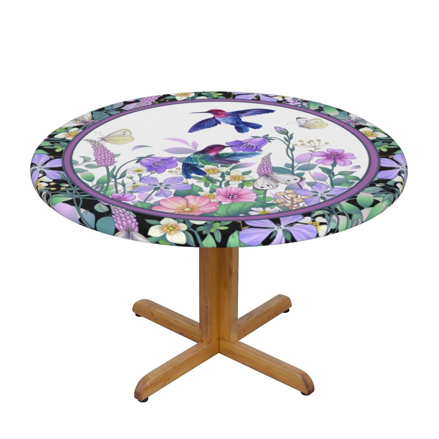 Hummingbird Flower Tablecloths Elastic Fitted Tablecloth Round Table Cover for Dining Party Indoor Outdoor 45-50 inch
