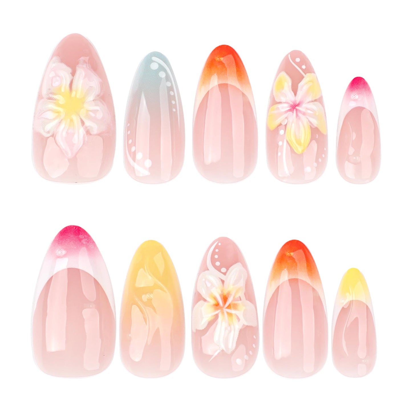 Nude French Press on Fake Nails Medium Short Oval with 3D Flower Design, False Summer Nail Reusable Press ons Artificial Manicure for Women Girls, Perfect Fit Stick on Nail Glossy Finish, 24Pcs