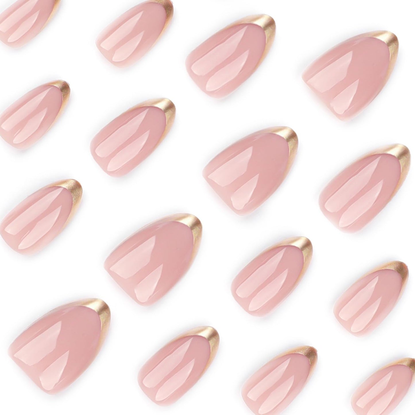 LPOODDNU French Tip Press on Nails Almond Fake Nails Medium False Nails with Gold Tips Design Glue on Nails Glossy Pink Acrylic Nails Press ons Full Cover Stick on Nails for Women Manicure 24Pcs