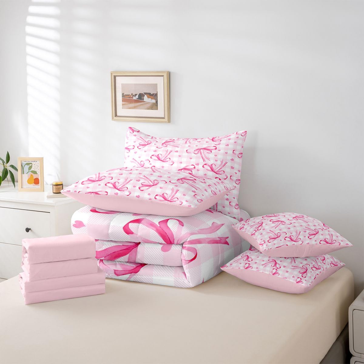 Erosebridal Pink Bow 7 Piece Comforter Set King Bowknot Ribbon Bedding Set for Girls Coquette Room Decor Plaid Grid Heart Pattern Bed in A Bag Bowtie Princess Soft Cozy Sheet Set with Comforter