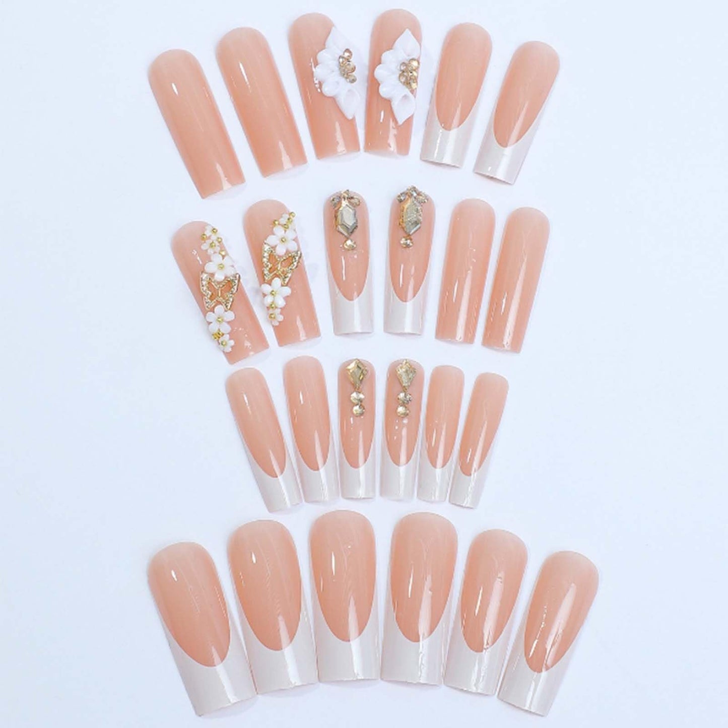 Gifiky Long Square Press on Nails 3D Daisy Butterfly Fake Nails Nude Nails Tips Full Cover French False Nails for Women and Girls 24Pcs