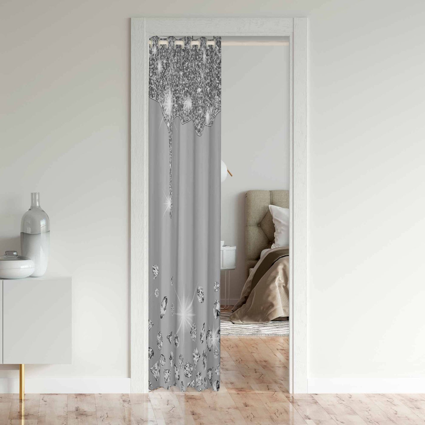 Glitter Print(No Glitter) Door Curtain for Doorway Privacy,Diamond Closet Door Cover Curtain for Bedroom,Silver Shiny 30%-50% Room Darkening Blackout Insulated Thermal Curtain,34x80 Inch 1 Panel