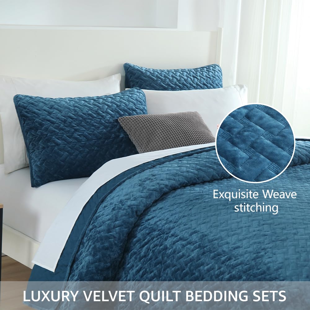 Liians Velvet Bedspread Quilt Bedding Sets,Luxury Elegant Ultra Soft Velvet Comforters Coverlet Blankets,Weave Stitching Pattern Cotton Quilted Bedspread for All Seasons,Azure Blue,King Size