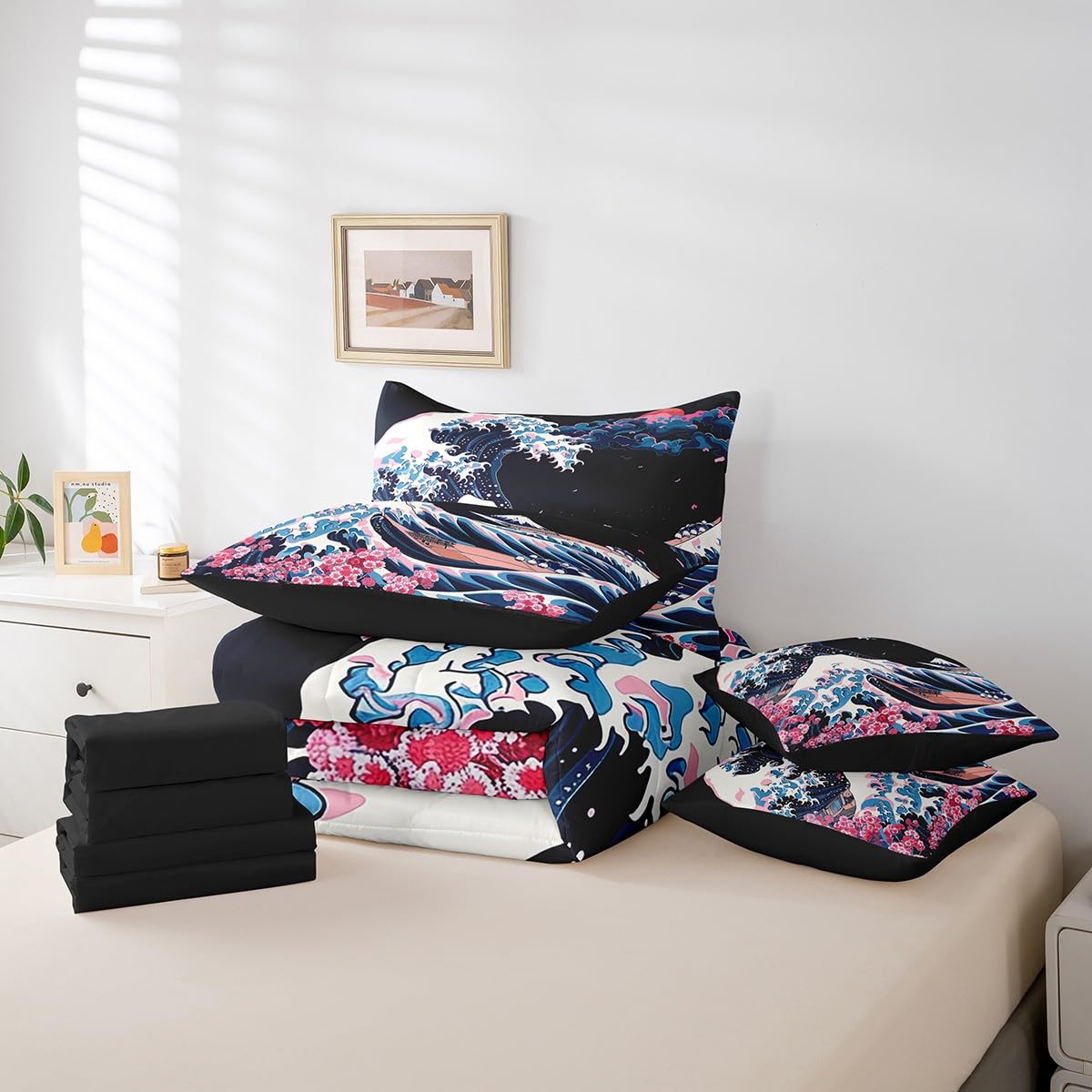 Erosebridal Blue Ocean Waves Queen Bedding Set 7 Piece,Japanese Style Comforter Set for Kids Adults,Pink Cherry Blossom Bed in a Bag Ukiyoe Aesthetic Bed Set with Fitted+Flat Sheet,Pillowcases