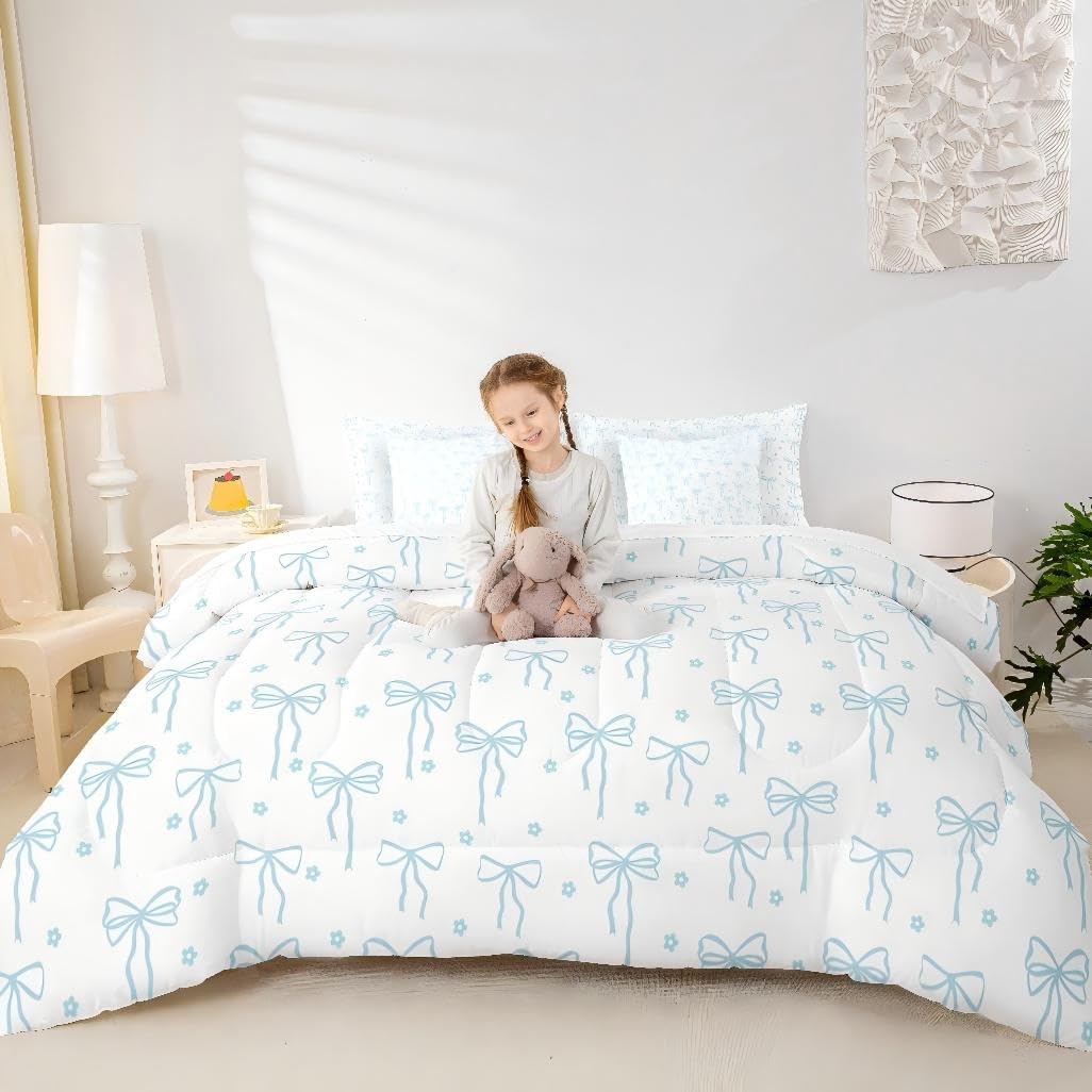 Castle Fairy Blue Bow Comforter Sets - 7 Pieces Full Size,Bow Print All Season Reversible Bed in a Bag Flower Floral Bedding Set Princess Flat Sheet,Fitted Sheet,Pillowcases