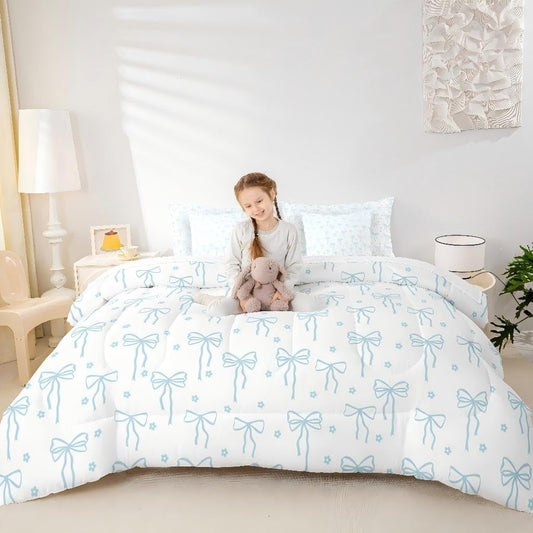 Castle Fairy Blue Bow Comforter Sets - 7 Pieces Full Size,Bow Print All Season Reversible Bed in a Bag Flower Floral Bedding Set Princess Flat Sheet,Fitted Sheet,Pillowcases