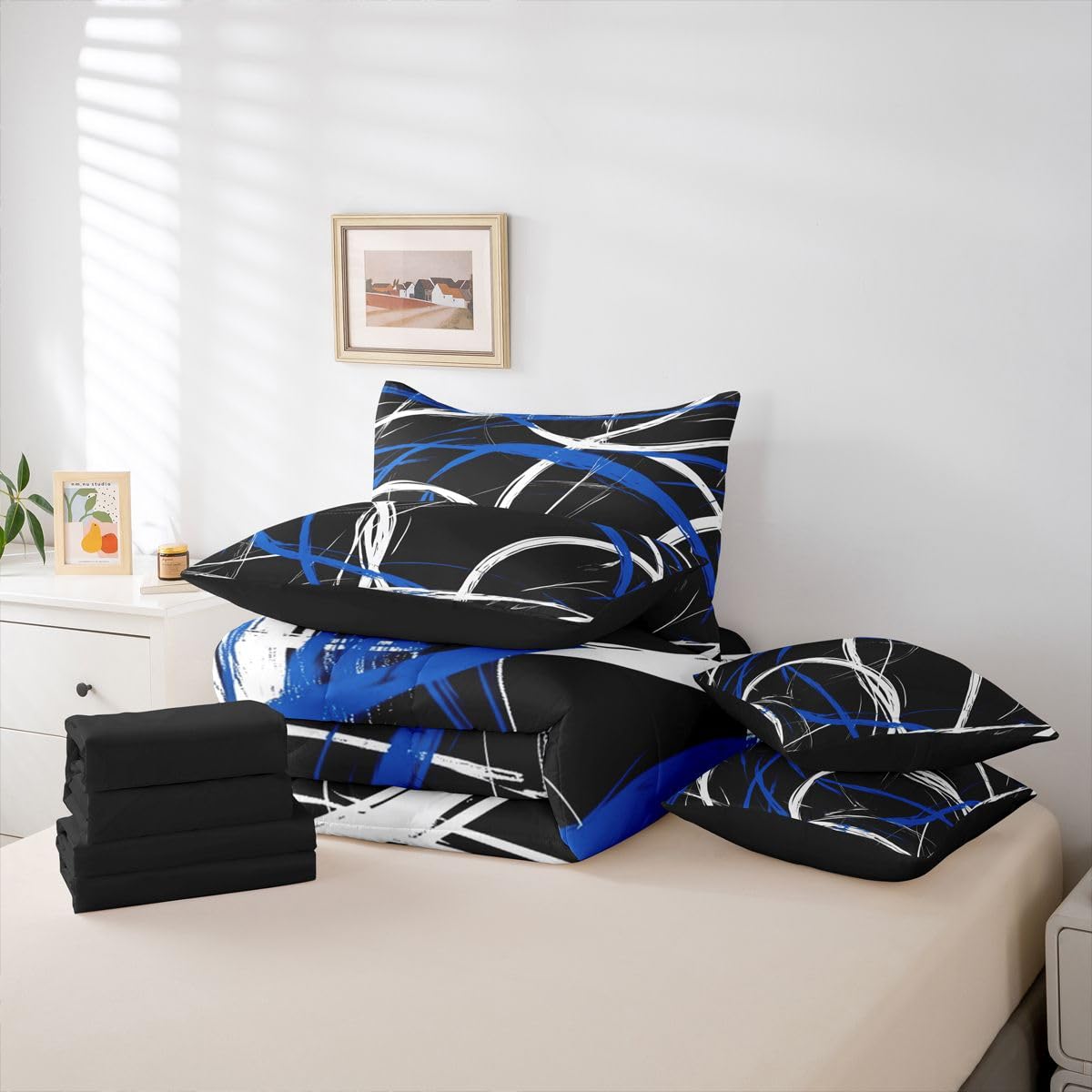 jejeloiu Modern Abstract Comforter Set Full SizeBlue Stripe 7 Pcs Bedding for Kids and AdultsGeometric Aesthetic Boys Girls Bed in a Bag Bed Sheet Sets with Fitted Sheet Pillowcases