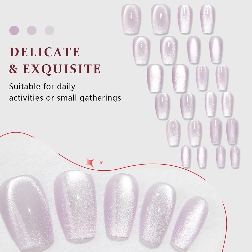 evpct Cat Eye Coffin Press on Nails Medium Square No Glue, Medium Square Stick on Nails for Women, Light Lavender Purple Metallic Glitter Glossy Reusable Spring Summer Press on Fake Nail with Designs