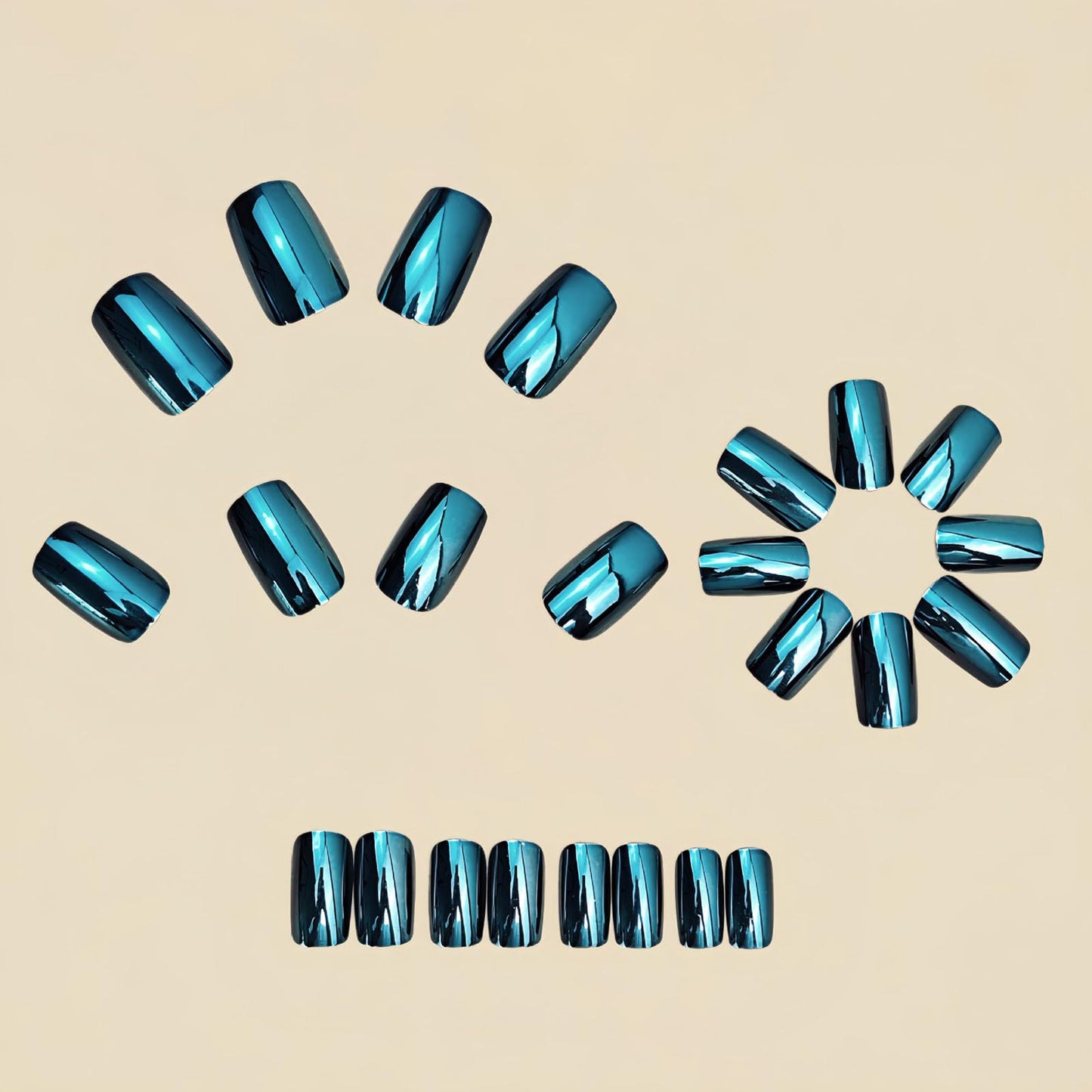 RUOKEXIN Medium Length Press on Nails Square Fake Nails Blue Chrome False Nails Full Cover Nail Press ons Sparkly Artificial Nails for Women 24Pcs