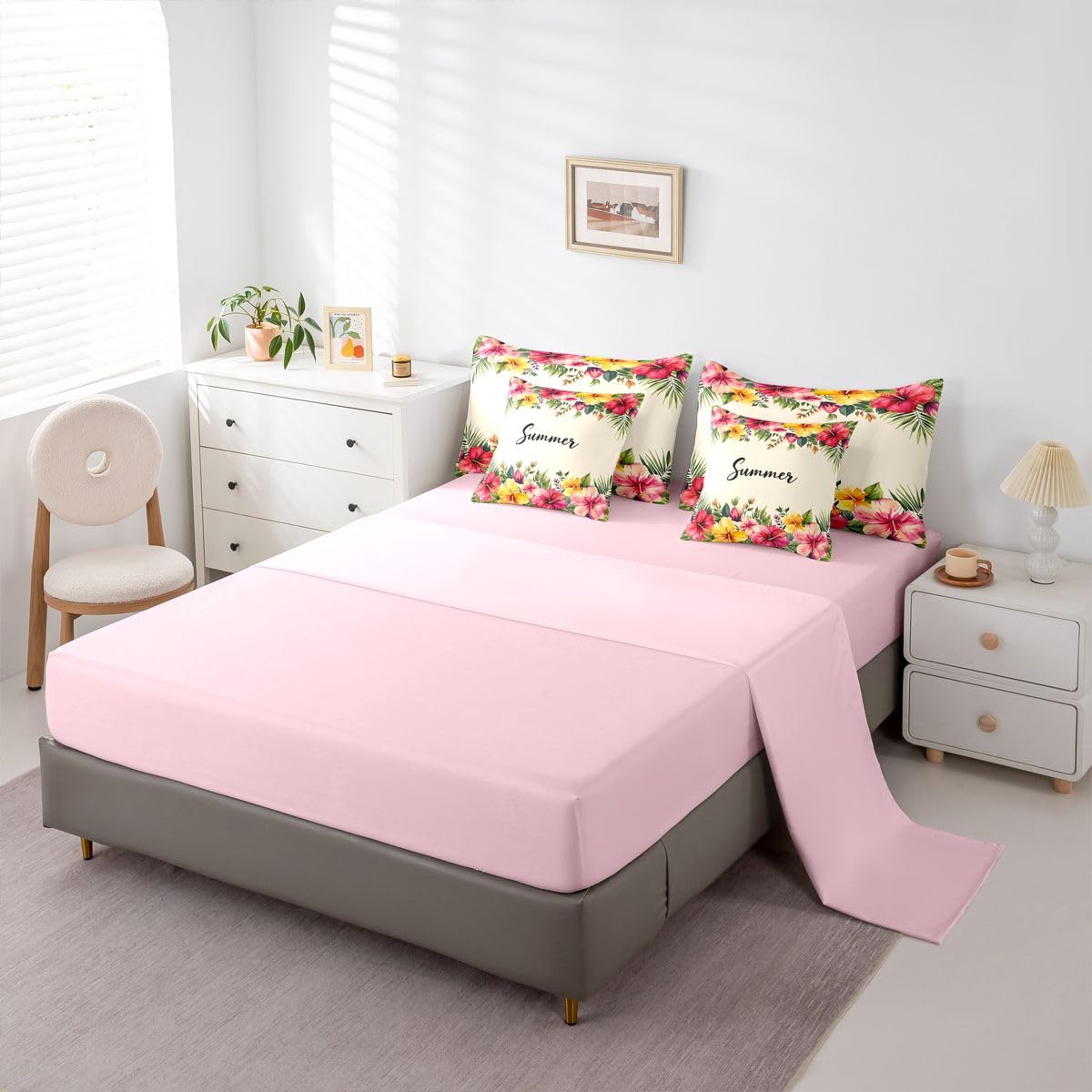 Erosebridal Tropical Hibiscus Queen Bedding Set Pink Yellow Watercolor Floral Comforter Set Girls Women Summer Hawaiian Flower 7-Piece Bed in a Bag Beach Vacation Art Quilt Sets
