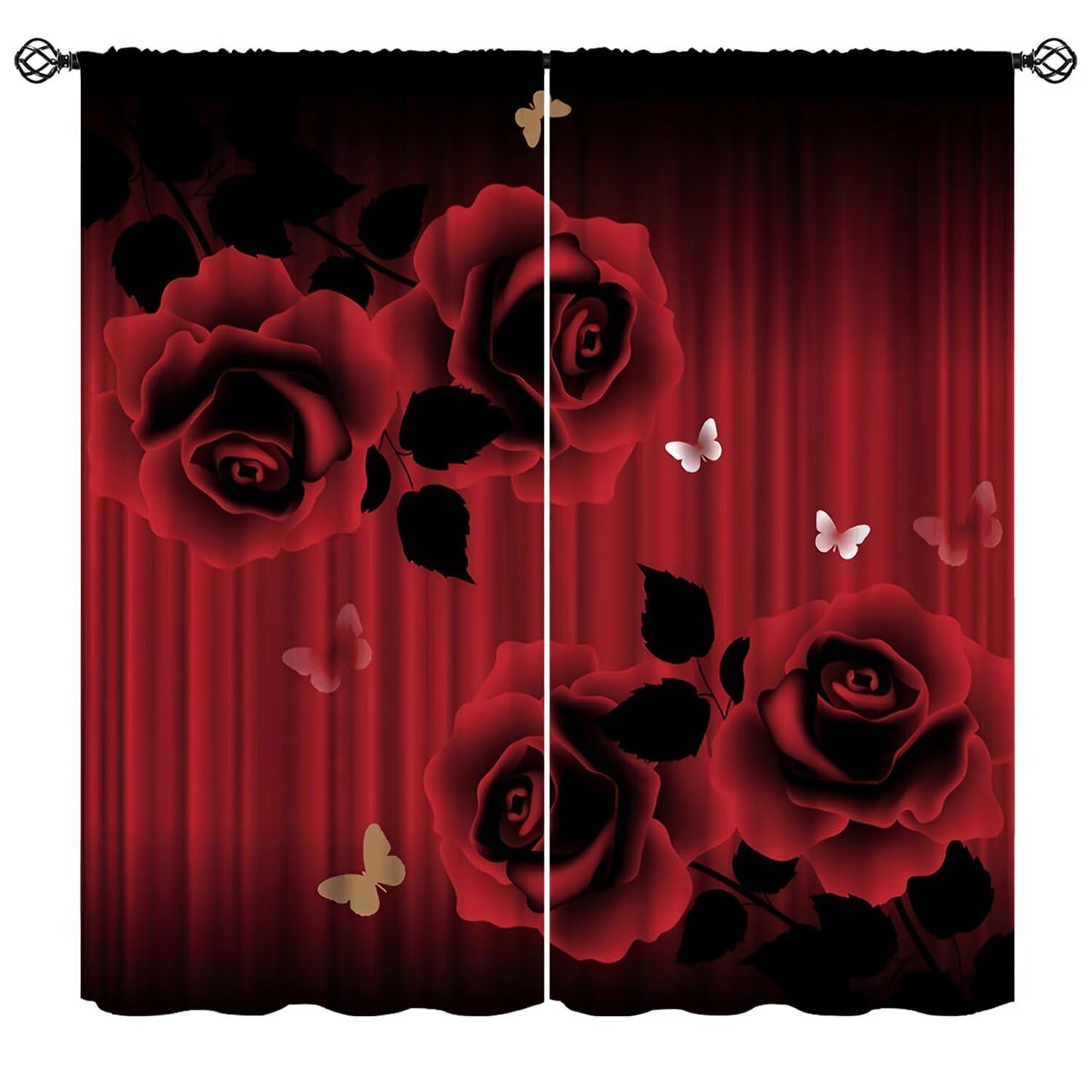 Nsbul Red Rose Curtains, Romantic Love Flower Floral Butterfly Luxury Design Window Drapes for Bedroom Living Room Valentine Day, 42" W X 45" L (No Blackout)