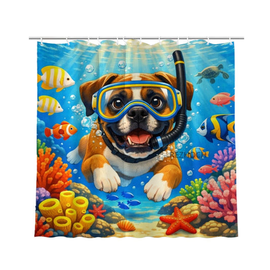 REZHOCH Kids Ocean Shower Curtain 72x72Inch Fun Boxer Snorkeling Underwater Tropical Fish Coral Reef Home Bathroom Decor,Boy Girl Cartoon Animal Coastal Bath Set with Hooks
