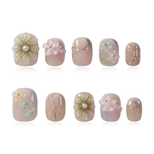Tesytto Luxury Handmade Press On Nails Short Round, 3D Floral Pearl Design Gradient Glossy Pink Fake Nails, Reusable Soft Gel Acrylic False Nails for Women Daily Nail Art (Soft Petal Pearl Glow, M)