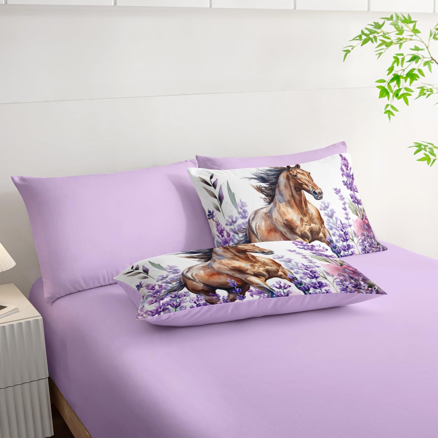 AILONEN Galloping Horse Comforter Set,Lavender Flowers Bedding Set Bed in a Bag Twin Size,Purple Theme Comforter & Fitted Sheet with Flat Sheet,2 Pillowcases,2 Pillow Shams,7-Piece,Soft Microfiber