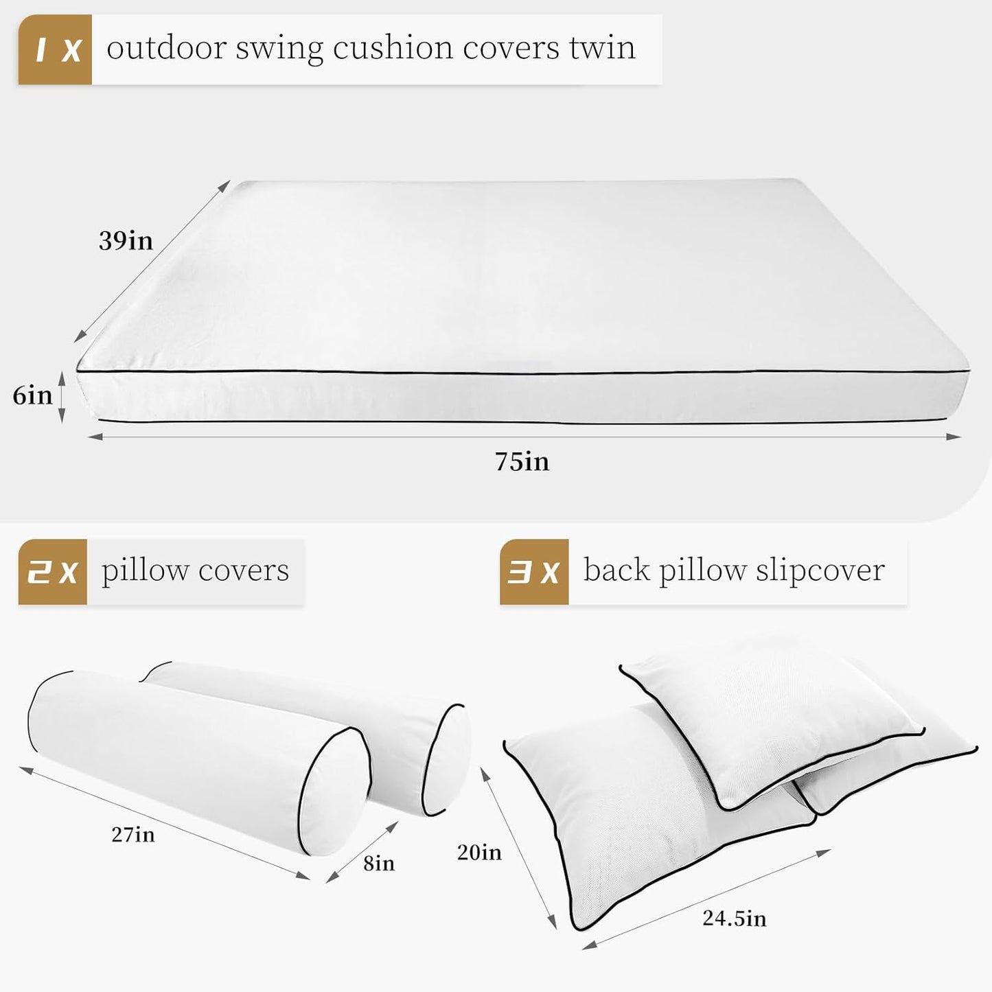 ZOALXZNT Twin Size Cushion Cover for Daybed,Outdoor Twin Mattress Covers for Swing Day Bed,Daybed Cushion Bolster Pillow Fitted Sheet Cover (Black Piping, 75 * 39 * 6in)