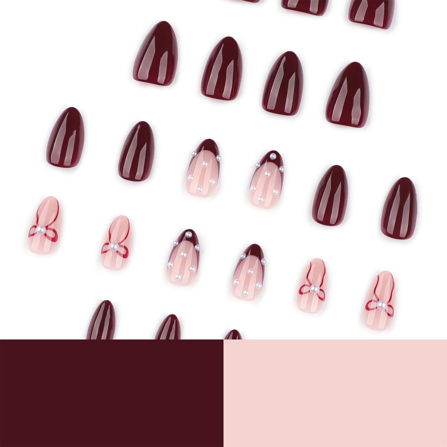French Tip Press on Nails Short Almond Fake Nails Wine Red Rhinestone Bow Design Stick on Nails Full Cover Reusable Glue on Nail Women Manicure 24Pcs