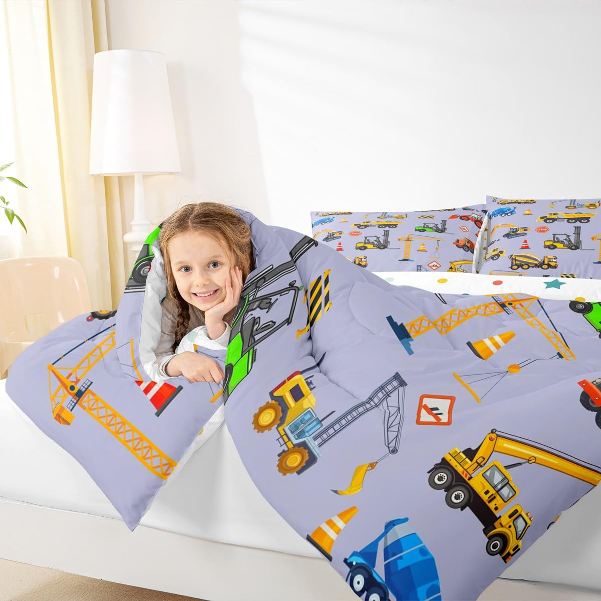 jejeloiu Excavator Comforter Set All Season Cartoon Car Bedding Set with 1 Pillow Cases Equipment Trucks Microfiber Kids Twin Bedclothes Construction Bedroom Decor Duvet Quilt Breathable Soft