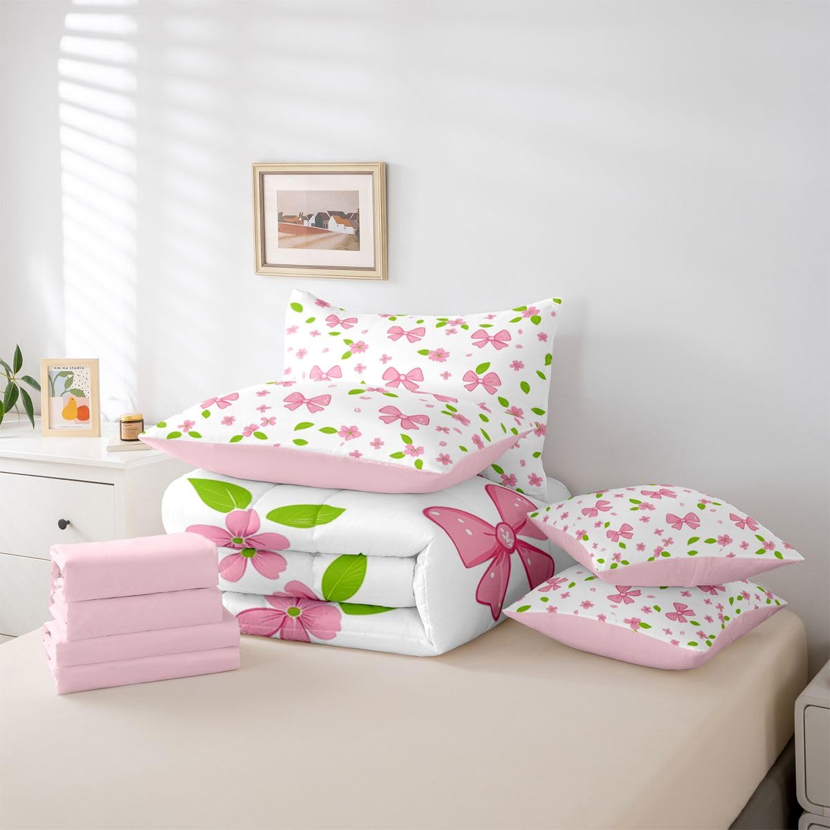 Erosebridal Pink Bow Knot Comforter Set Cherry Blossoms Bed in A Bag Queen Size 7 Pieces Pink Bow Tie Bed Set Room Decor Dreamy Kawaii Japanese Bedding with Sheets