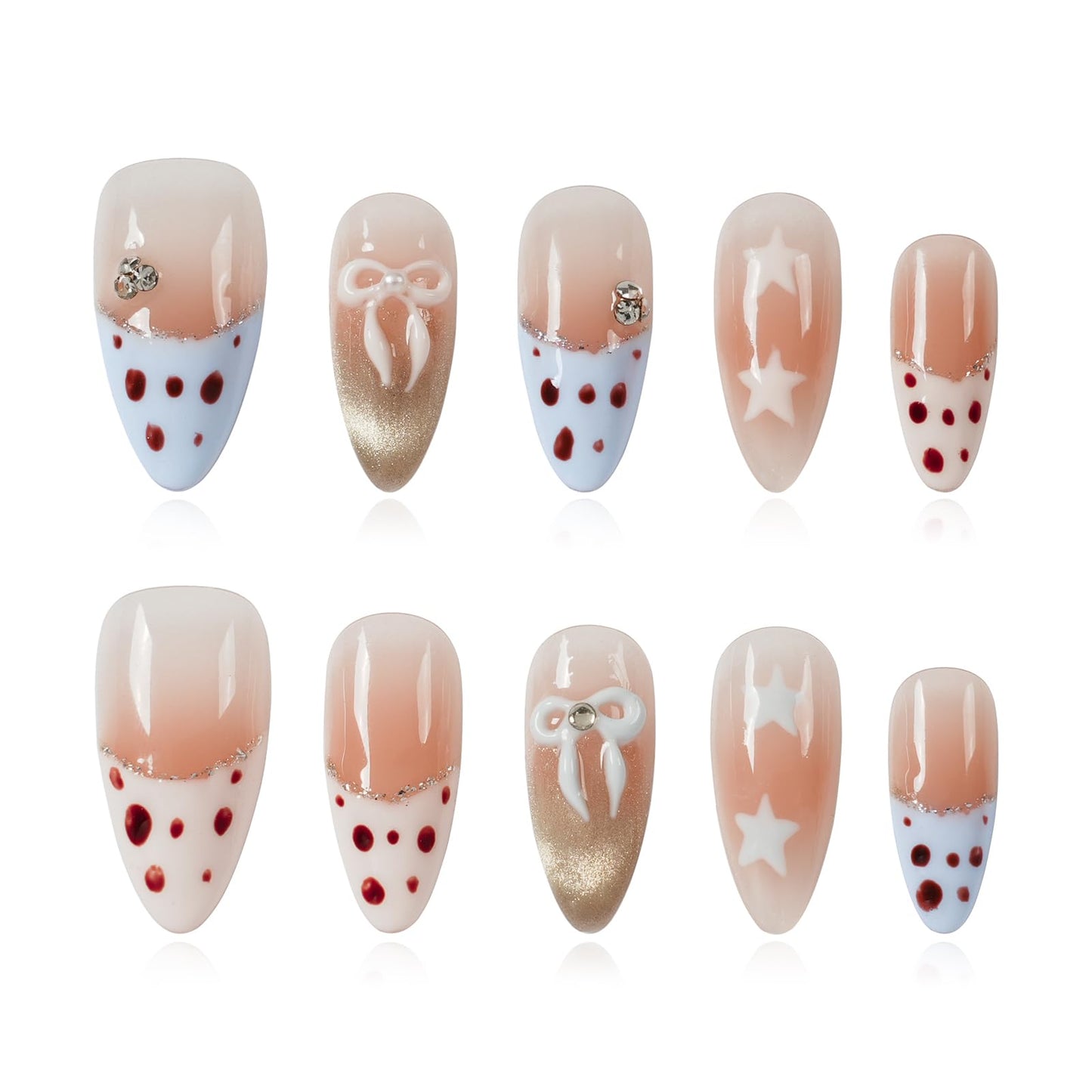 Tesytto Y2k Press on Nails Leopard Print - Gold Glitter French Tip & Bow Design, Medium Almond Nude Pink Gradient Acrylic Fake Nails for Women (Sweet Leopard Chic, M)