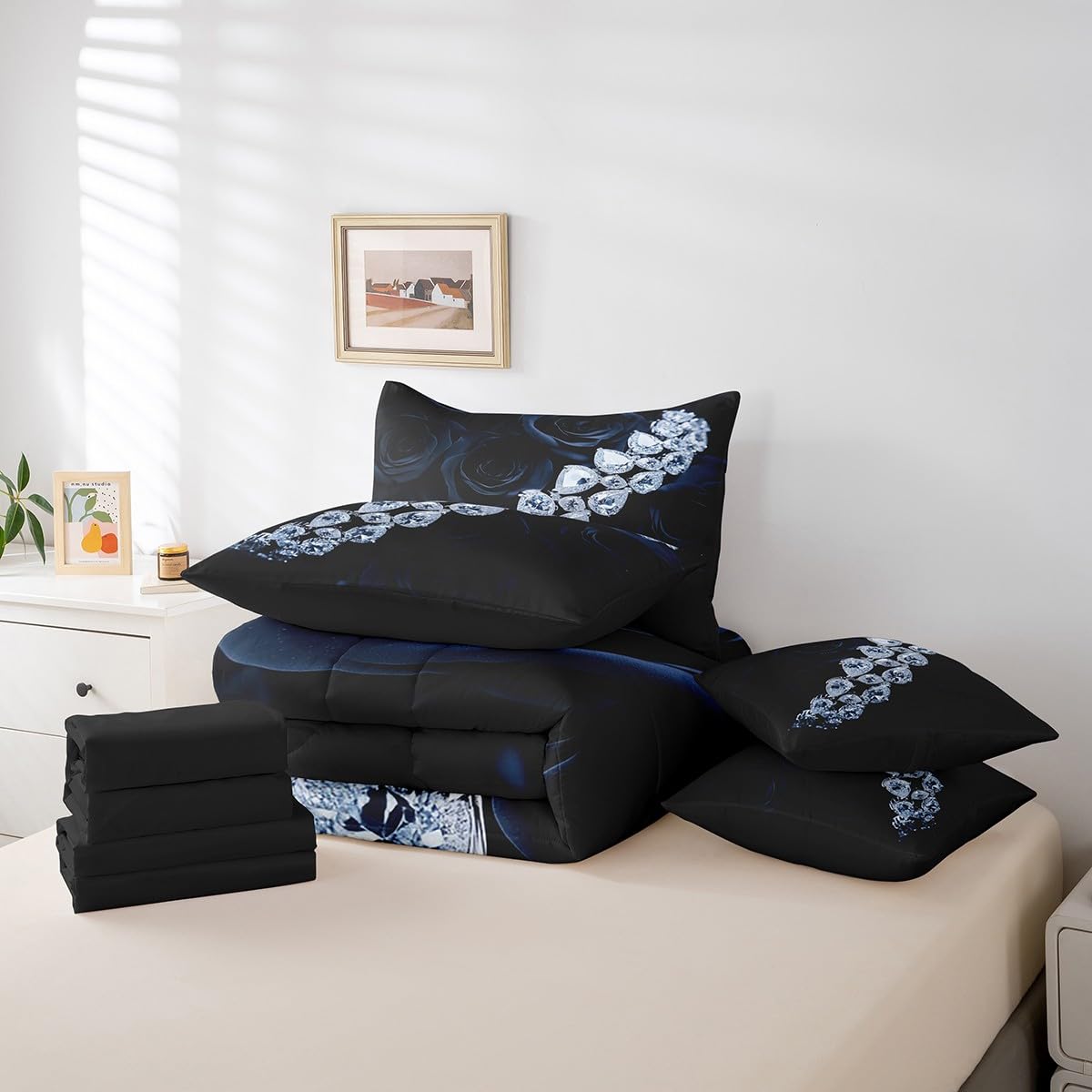 Erosebridal Romantic Rose Comforter Set 7 Piece Bed in a Bag Twin,Luxury Diamond Bedding Sets Botanical Floral Comforter and Sheet Set,Dark Flowers Bed Set