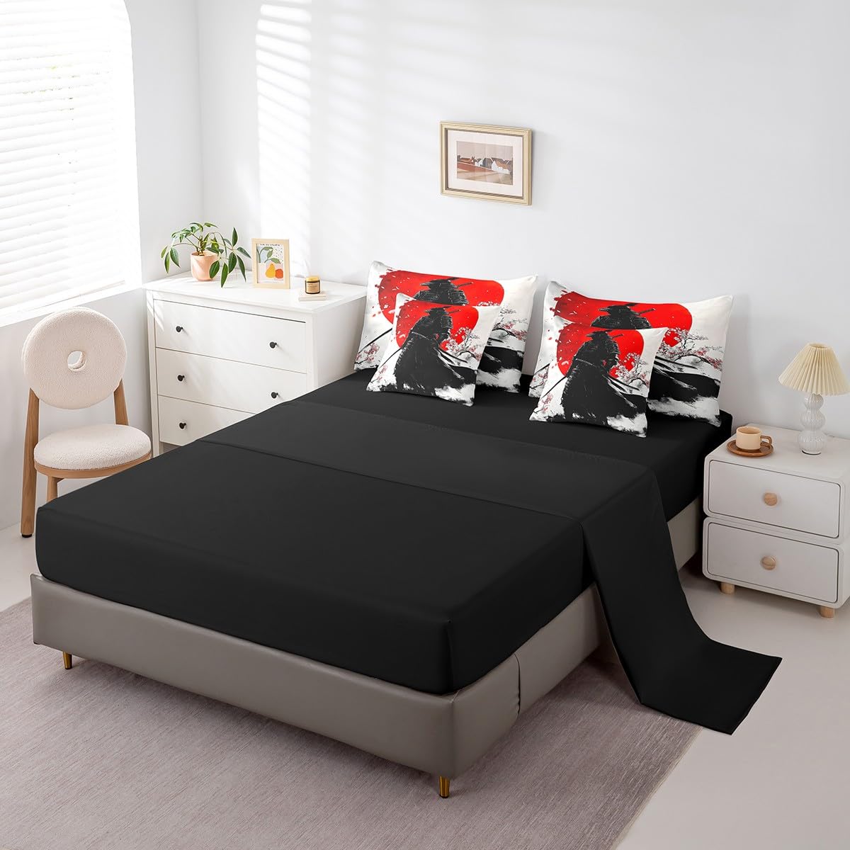 Erosebridal Samurai Comforter Set Twin,Japanese Cherry Blossom Bedding Set 7Pcs for Men Boys Teens,Red Sun Quilt,Asian Cool Red Black Men Silhouette Bed in a Bag