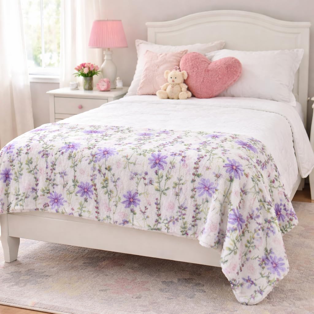 Serafina Home Spring Velvet Fleece Floral Throw Blanket: Wild Flowers of Pink Purple Green on a Colorful Soft Cozy White Design, Oversized 50" x 70"