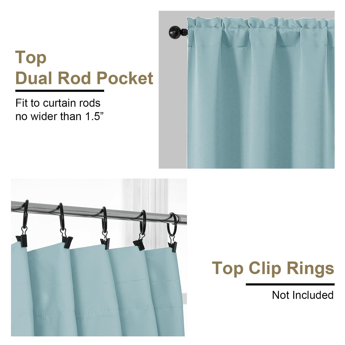 OVZME Aqua Blackout Curtains for Bedroom 63 Inch Length 2 Panels, Protect Privacy Thermal Insulated Solid Curtains for Bedroom, Dual Rod Pocket Window Treatment Blackout Drapes, 2x40Wx63L Inches