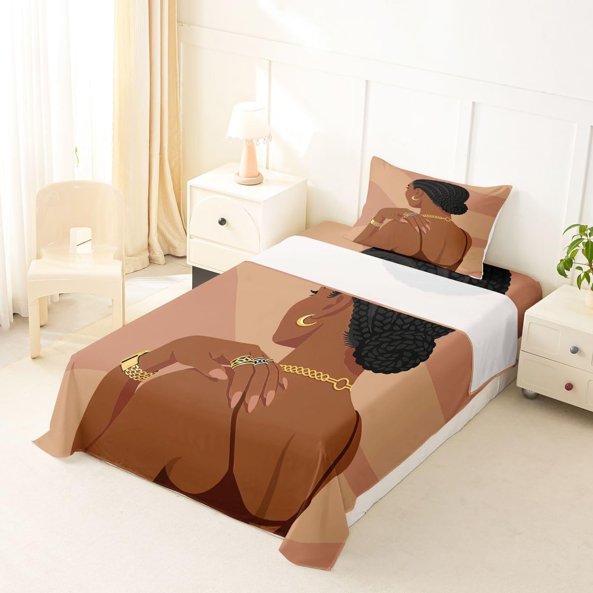 Erosebridal Fashion Black Woman Fitted Sheets Twin Size 3 Piece Romantic Makeup Themed Girls Sheet Set Fashionable Gorgeous Bed Sheets Vogue Afro Girls Top Sheet for Kids Teens Adult Bedroom