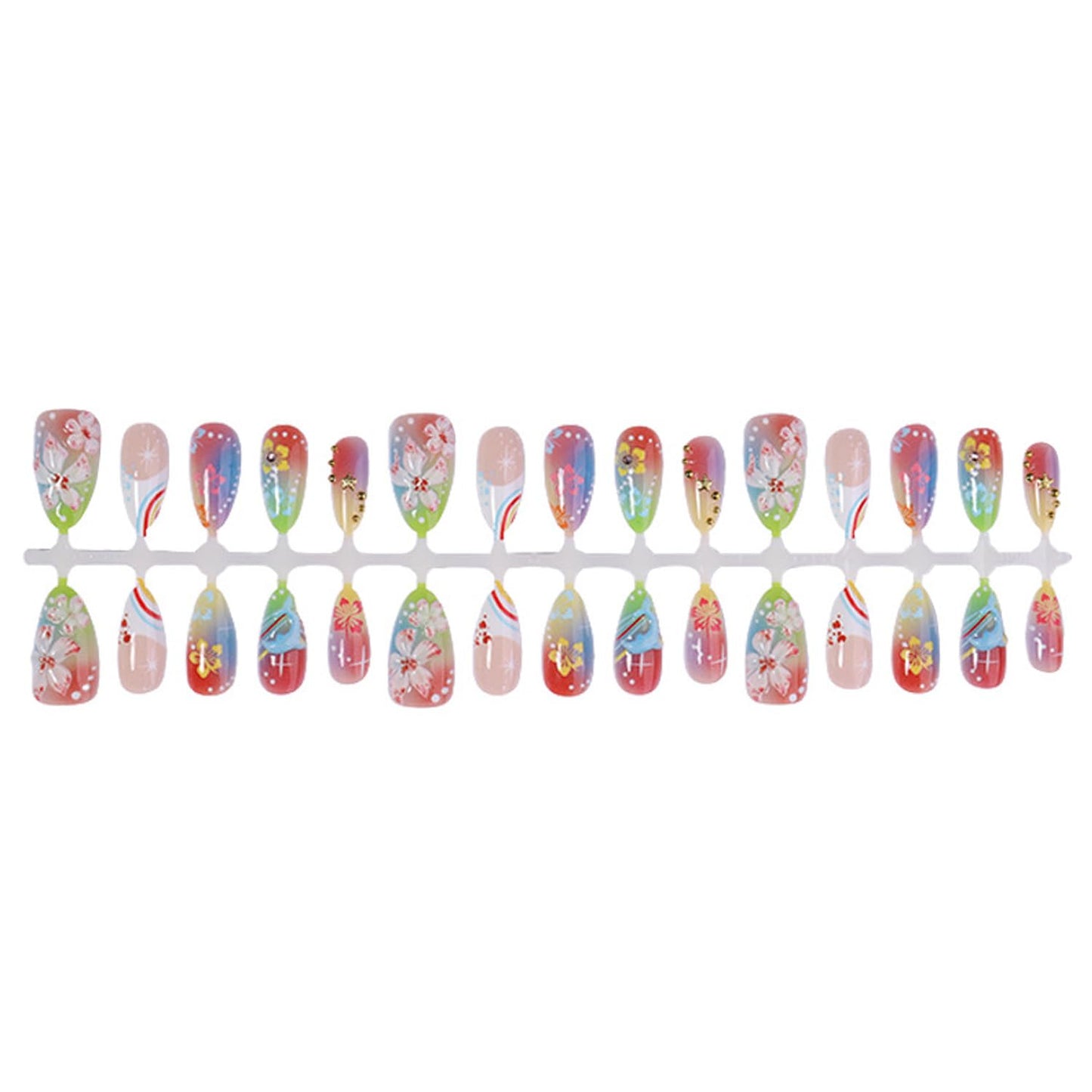 Medium Almond Press on Nails, 3D Flower Gradient Fake Nails with Dolphin, Rhinestones & Star Design,Glossy Full Cover Glue on Nails for Women, Colorful Spring-Summer Floral False Nails with Glue Tabs