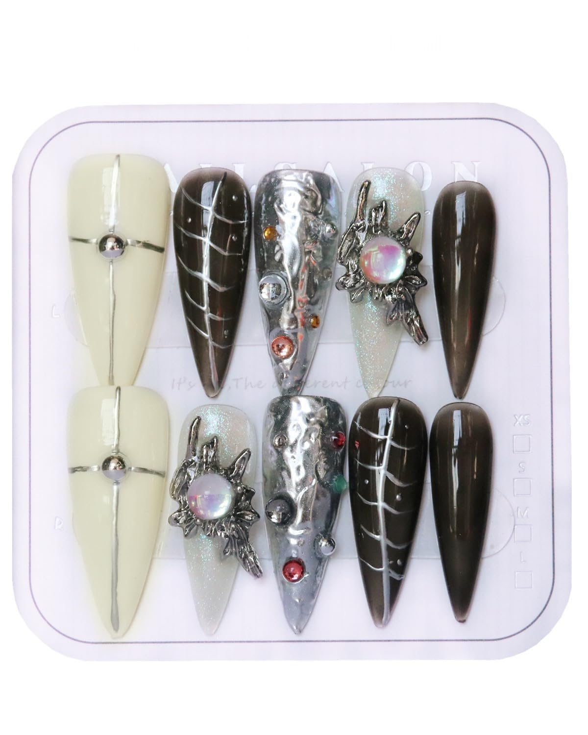 CAMILCY Luxury Handmade Press on Nails Black Stiletto Press on Nails Long Almond Handmade Fake Nails Glossy Silver Grey Chrome Gothic Acrylic Nails for Women 10pcs (A037, M)