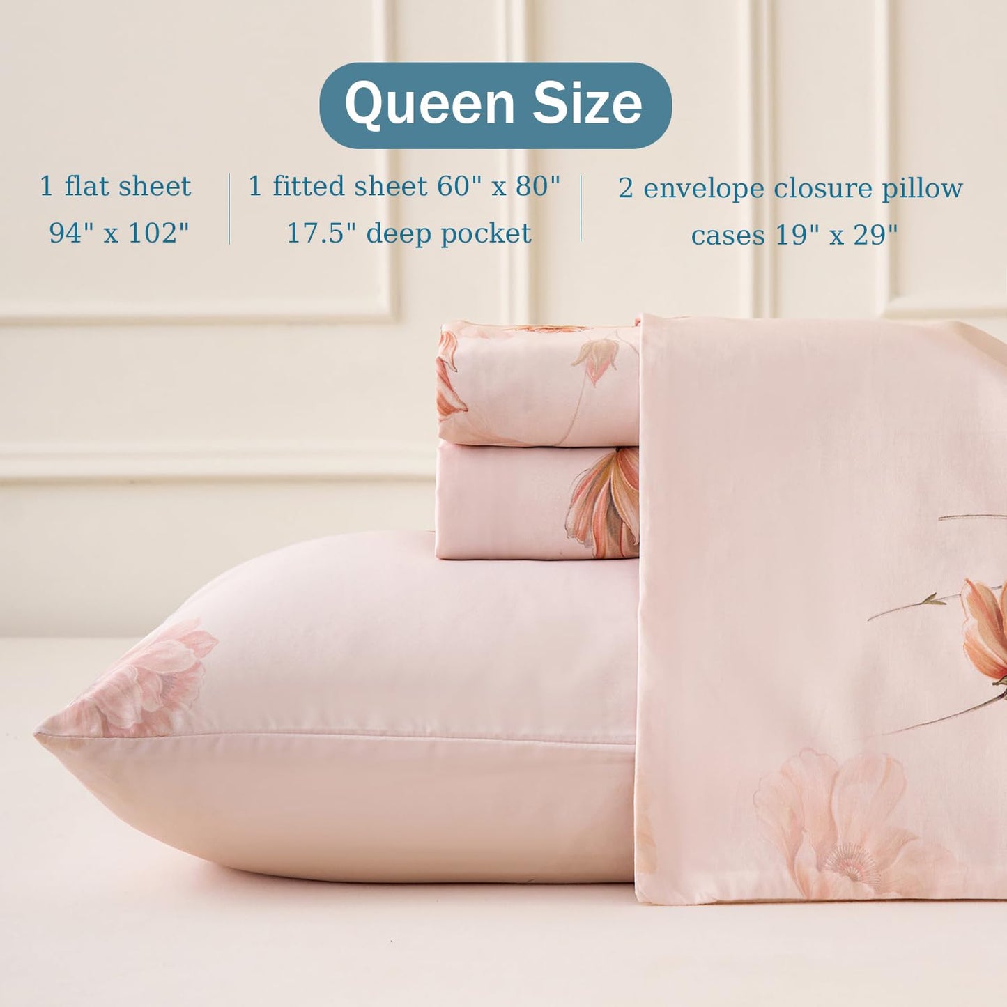 Huborise Blush Pink Floral Bed Sheets 100% Cotton Queen Size Sheet Set Satin Weave 4Pcs, Apricot Peach Flower Printed Bed Set with Deep Pocket 17.5", Soft Breathable & Crisp, Luxury French Country