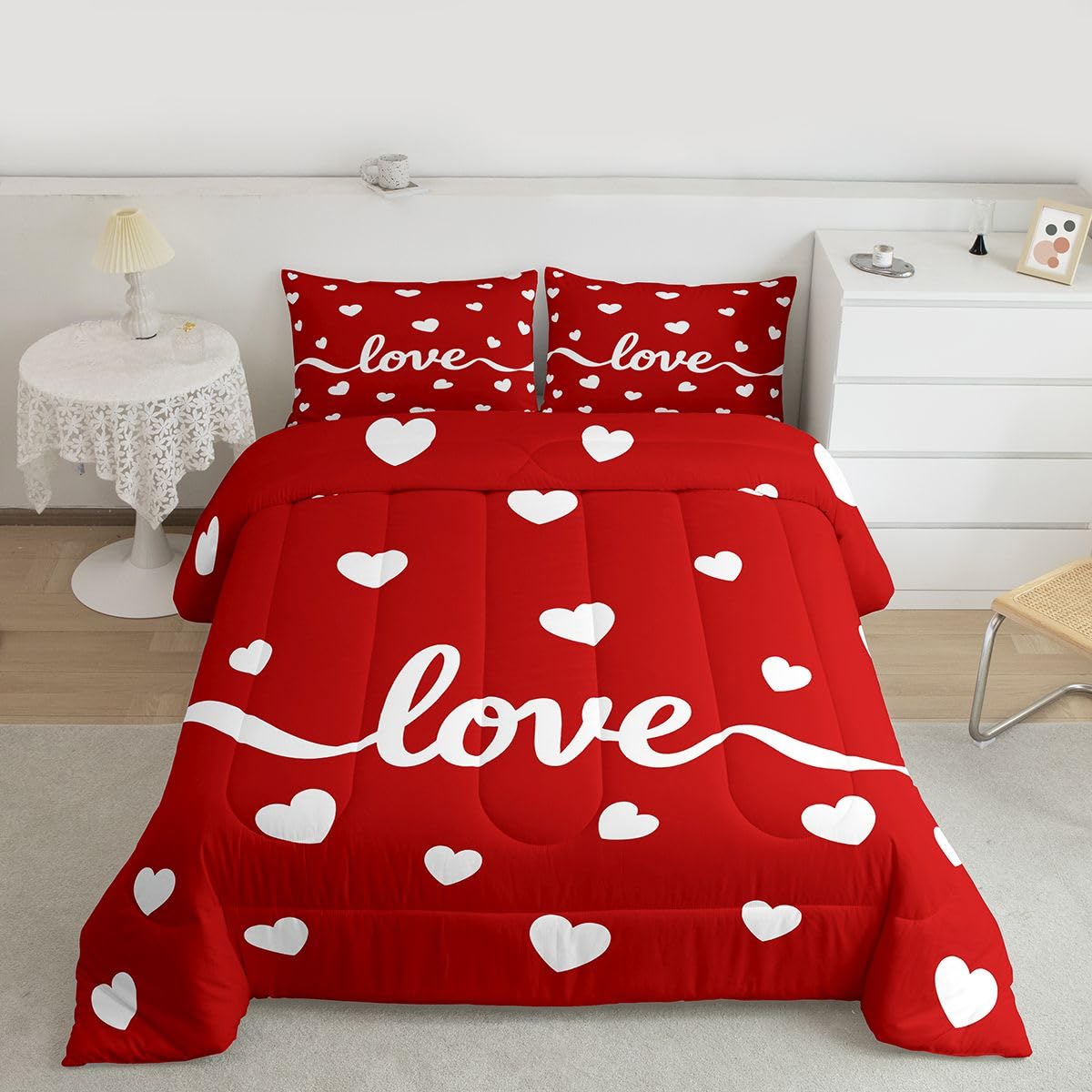 Erosebridal Couples Cute Heart Comforter Set Queen Size Cartoon Love Heart Bedding Set for Men Women Bedroom Romantic Valentine Day Gift Comforter White Red Geometric Quilt Duvet