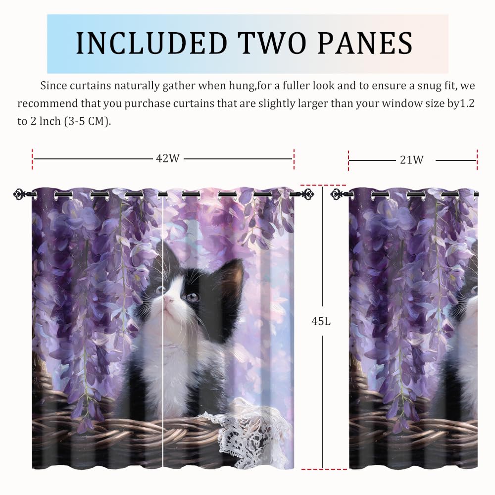 XSUPFLYM Colorful Beautiful Cute Kitten Window Perforated Curtains Funny Watercolor Spring Garden Lilac Flowers Animal Cat Thermal Curtains Suitable for Bedroom Living Room 2 Panels.Each 21"W x 45"L