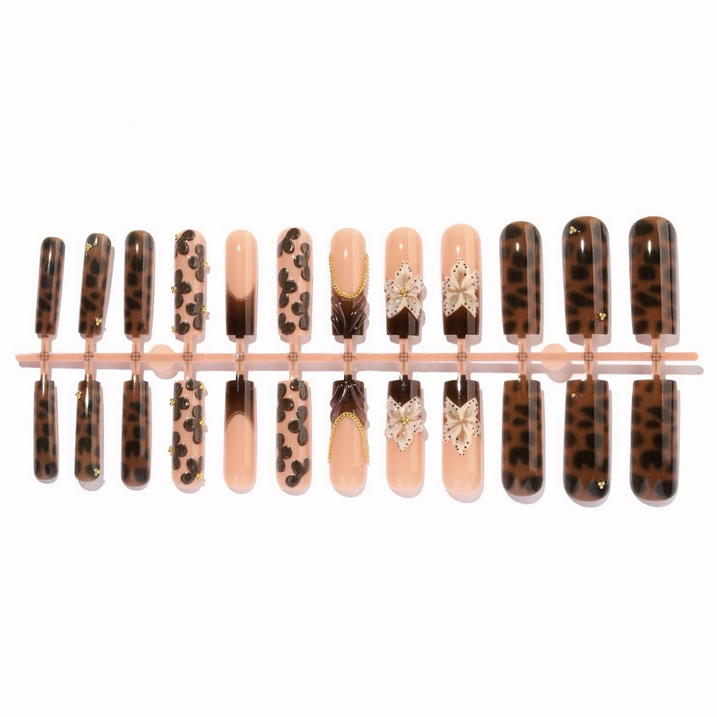 MISUD Press on Nails - Long Square Fake Nails with Fall Brown, Acrylic Flower Tortoise Shell Design 24 pcs