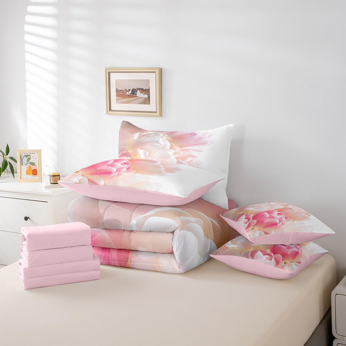 Erosebridal Pink Dreamy Princess Girls Bedding Set Romantic Pastel Tulip Kids Twin Comforter Set 7 Piece Spring Botanical Flowers Bed in A Bag Luxury Garden Floral Plants Bed Set