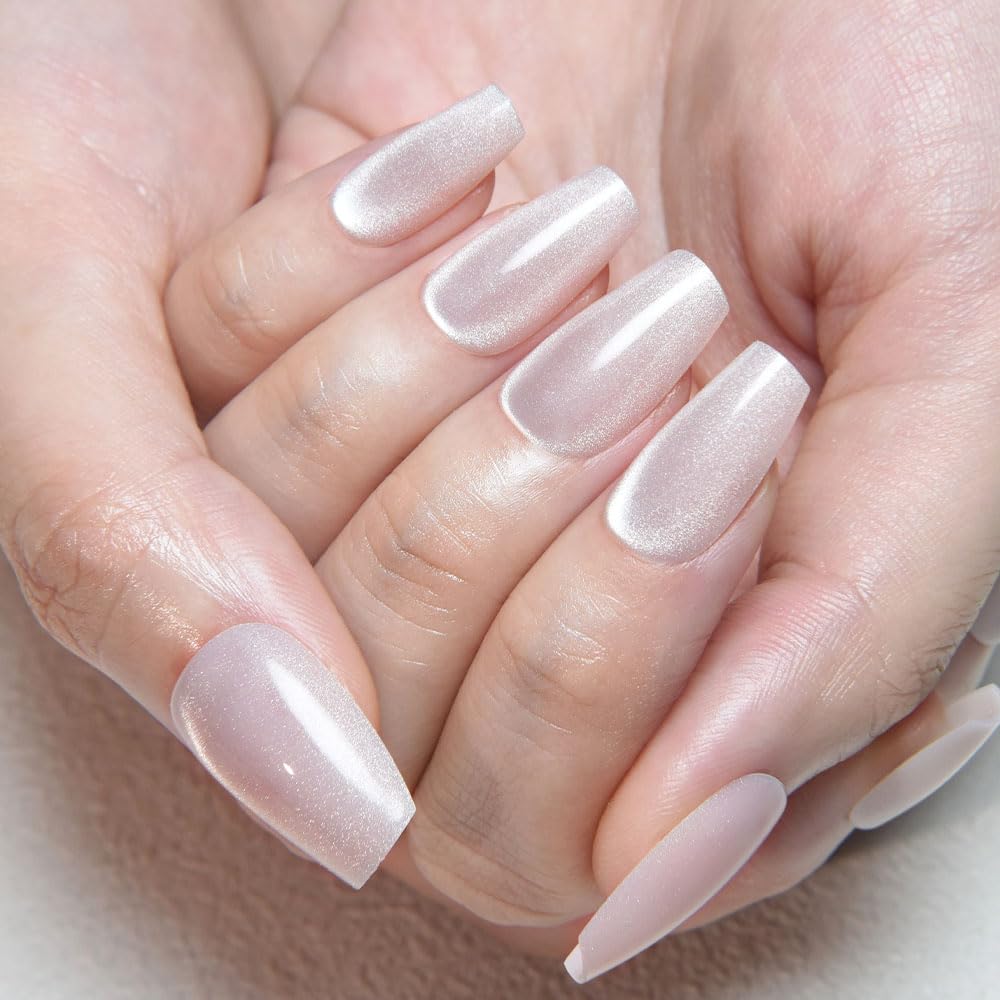 evpct Pearl White Nude Cat Eye Coffin Press on Nails Medium Square No Glue, Stick on Nail Medium Square for Women, Pearl Metallic Glitter Glossy Reusable Soft Press on Acrylic Fake Nail with Designs